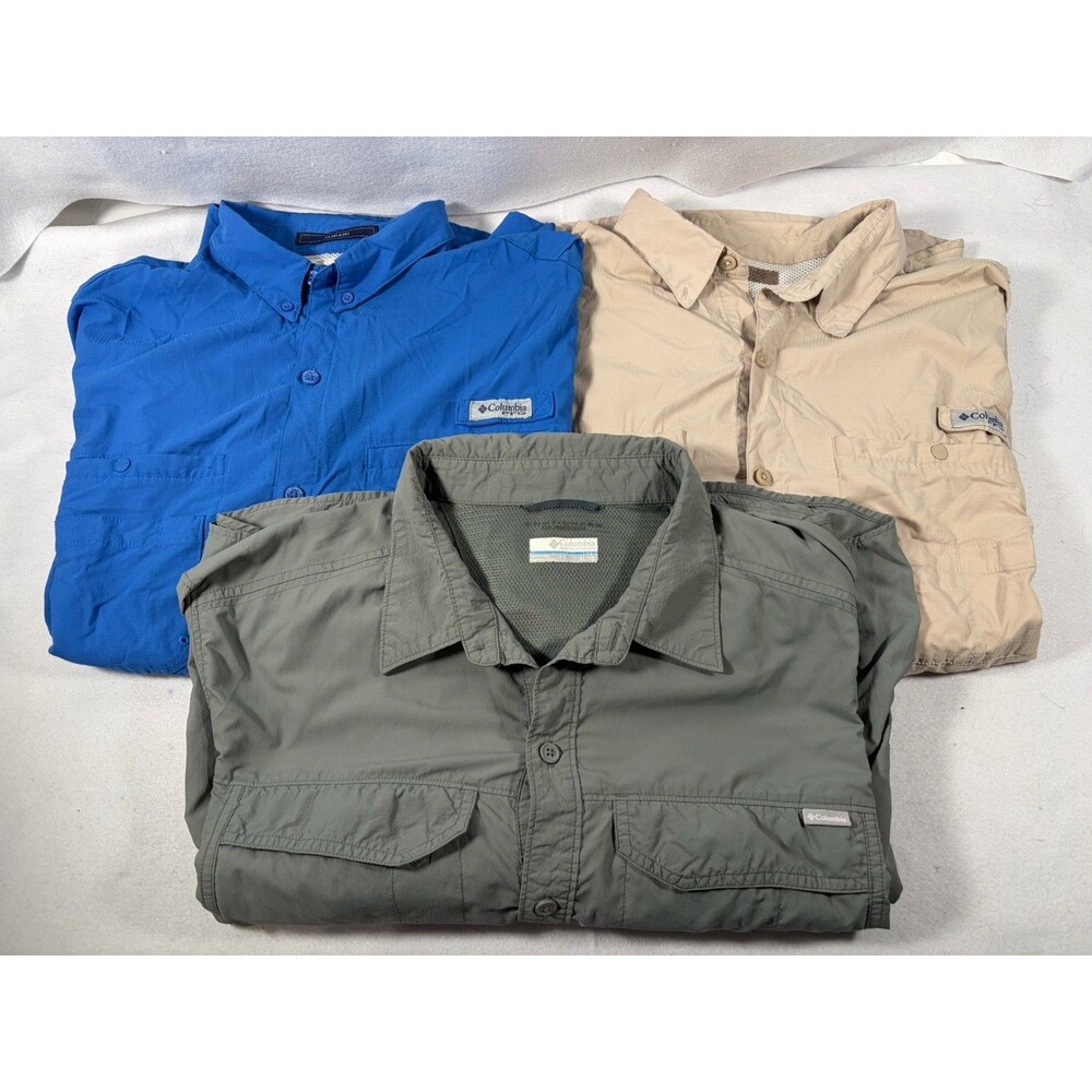 (3) Columbia PFG Fishing Button-Up Shirt Mens XL Green, Blue, Tan Long Sleeve